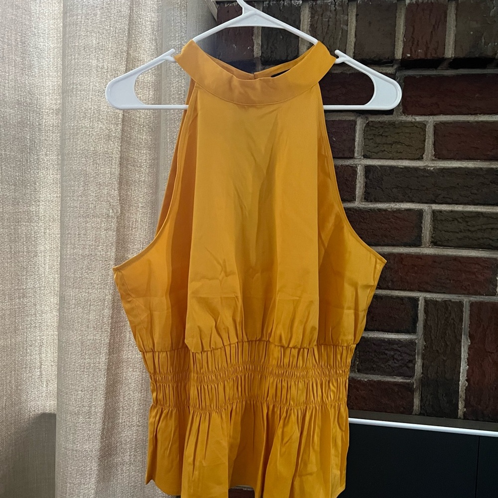 White House Black Market Gold Smocked Tank Top with Mandarin Collar